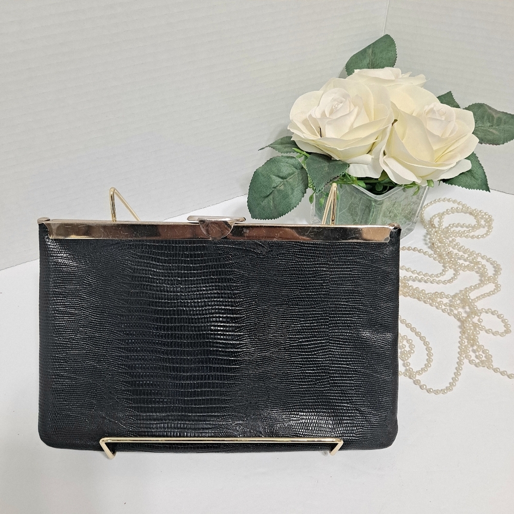 Genuine Leather Black Vintage Clutch Bag Chain Strap Hinged Closure
